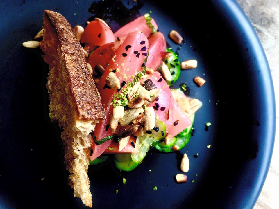 Apteka's radish escabeche, burnt sunflower, charnuszka, jalapeno dust