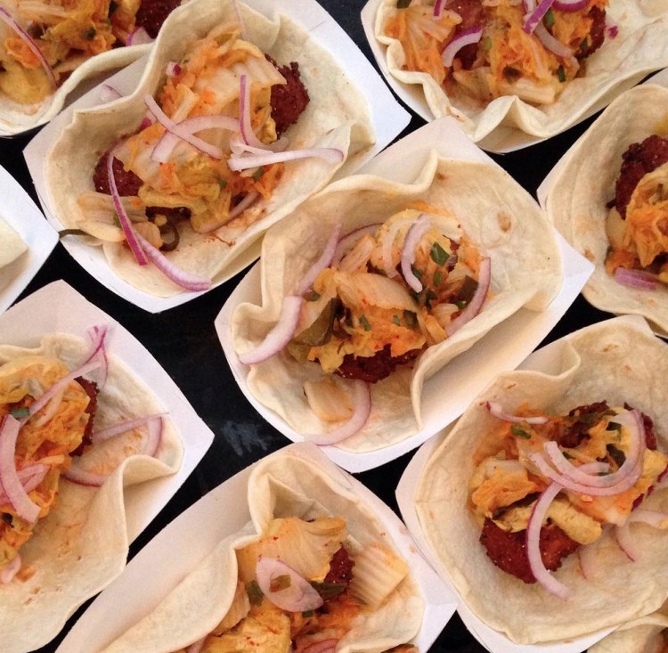 Kimchi Tacos: Black Eyed Pea Falafel with Gochujang, Kimchi Avocado Cream, Prescription Foods Kimchi.